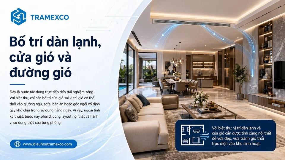 Bố trí dàn lạnh và cửa gió điều hòa trung tâm cho biệt thự