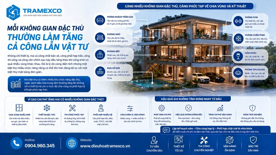 Các khu chức năng đặc thù làm tăng chi phí thi công điều hòa trung tâm cho biệt thự