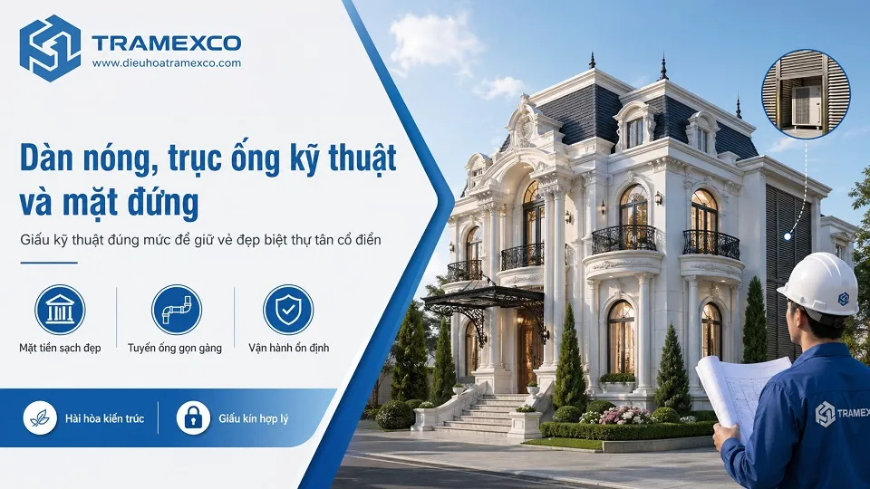 Dàn nóng và mặt đứng biệt thự tân cổ điển cần được xử lý kín đáo về thẩm mỹ