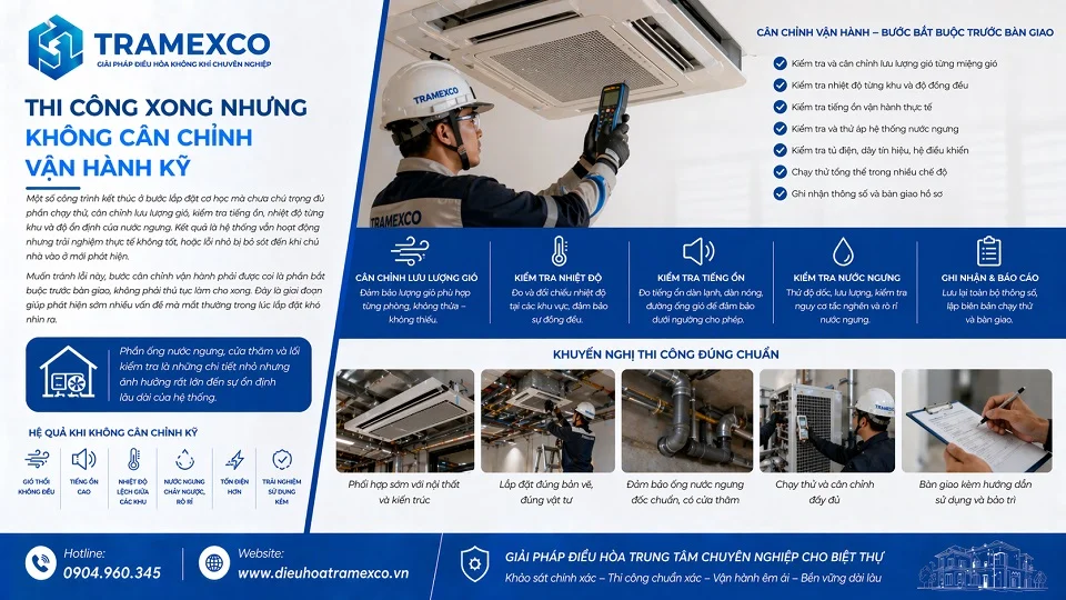 Đường ống thoát nước ngưng và cửa thăm bảo trì trong hệ điều hòa trung tâm biệt thự