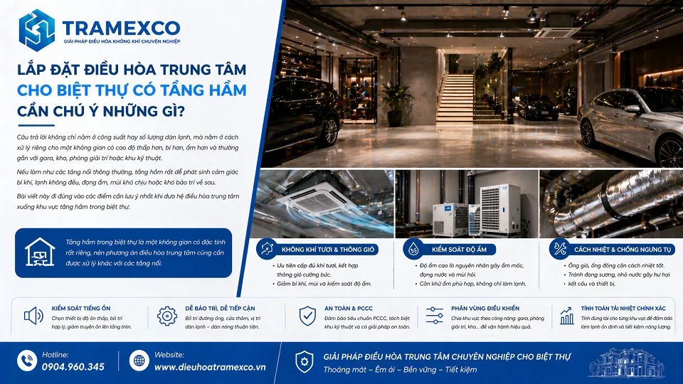Lắp đặt điều hòa trung tâm cho biệt thự có tầng hầm cần chú ý thông gió, độ ẩm và trục kỹ thuật