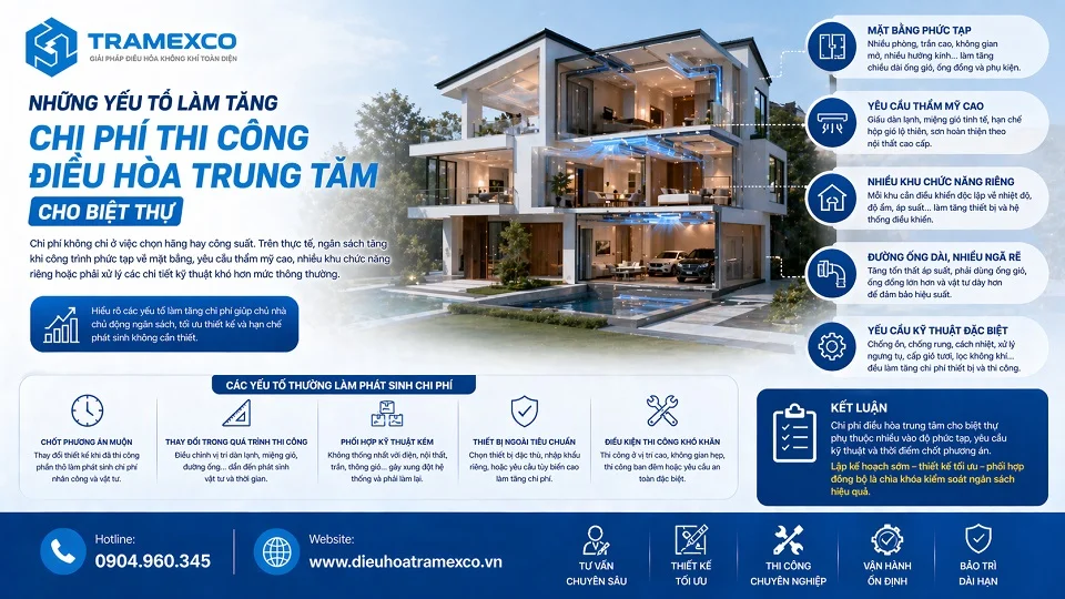 Những yếu tố làm tăng chi phí thi công điều hòa trung tâm cho biệt thự