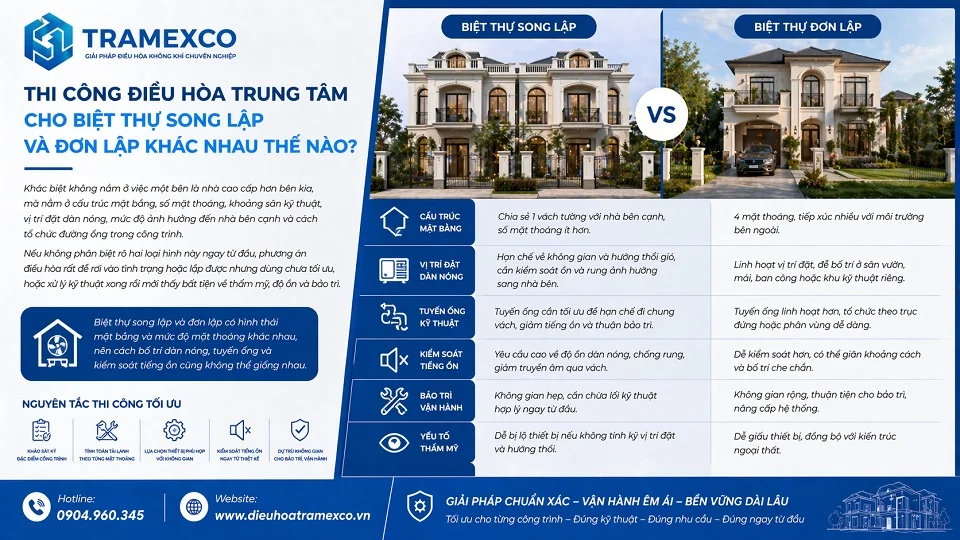 Thi công điều hòa trung tâm cho biệt thự song lập và đơn lập với các phương án kỹ thuật khác nhau