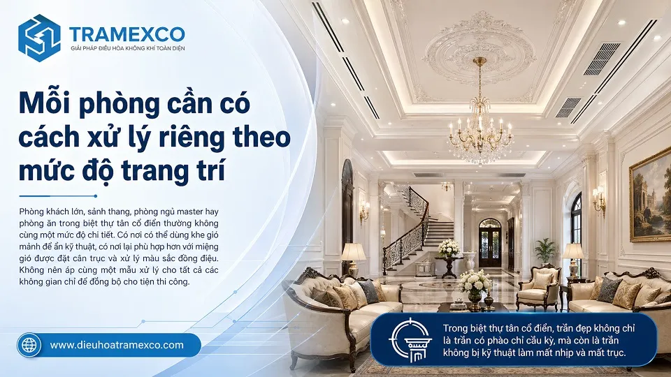 Trần phào chỉ và miệng gió điều hòa trong biệt thự tân cổ điển cần được xử lý cân đối