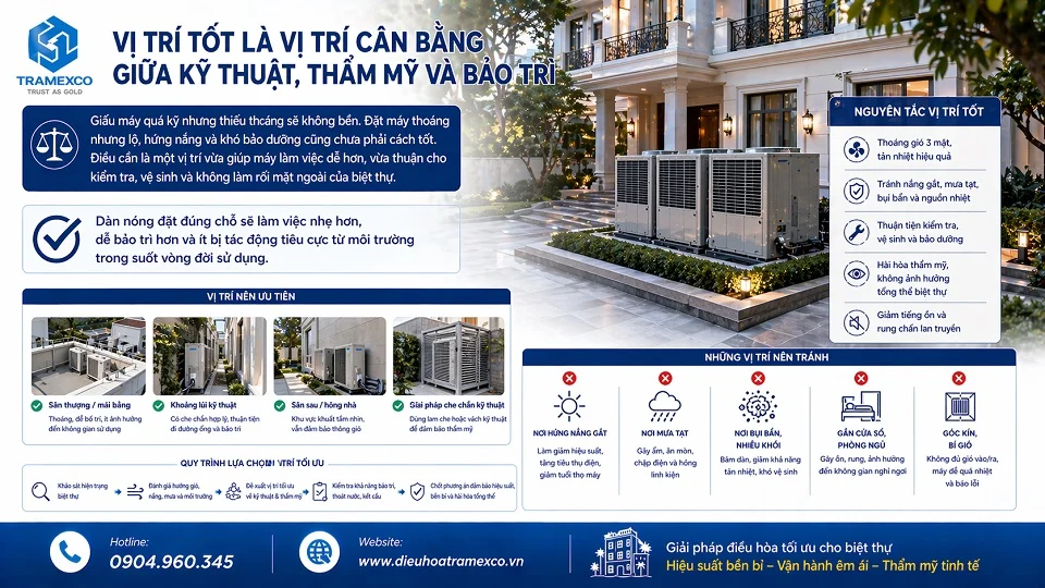 Vị trí dàn nóng ảnh hưởng đến độ bền của hệ thống điều hòa trung tâm biệt thự