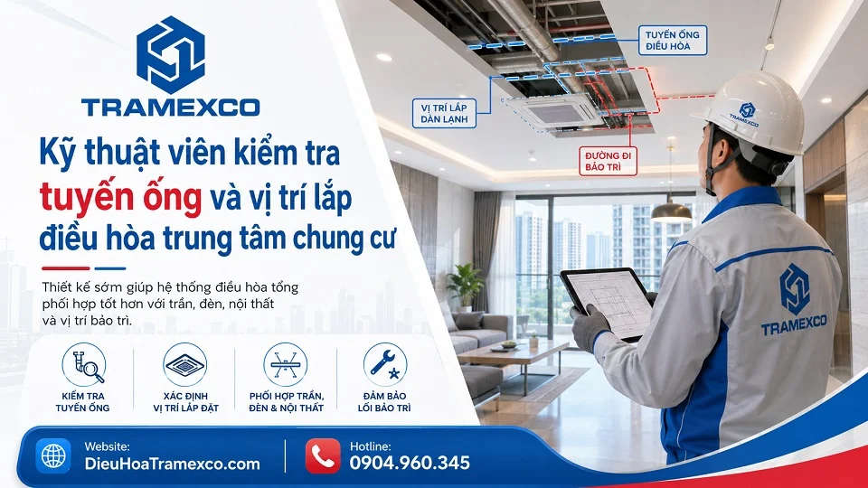 Kỹ thuật viên kiểm tra tuyến ống và vị trí lắp điều hòa trung tâm chung cư