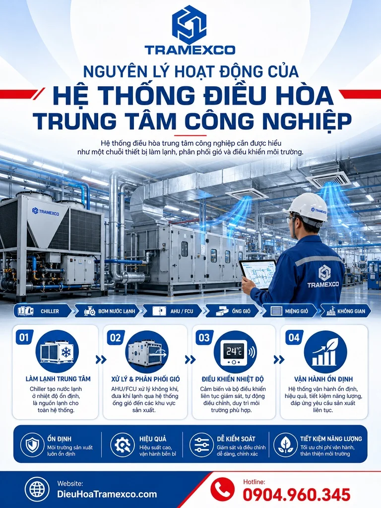Kỹ sư theo dõi nguyên lý hoạt động của hệ thống điều hòa trung tâm công nghiệp
