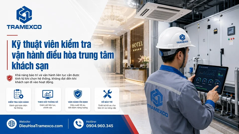 Kỹ thuật viên kiểm tra vận hành điều hòa trung tâm khách sạn