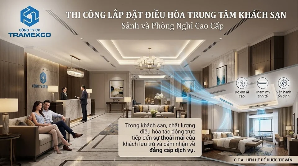 Thi công lắp đặt điều hòa trung tâm cho khách sạn với không gian sảnh và phòng nghỉ cao cấp