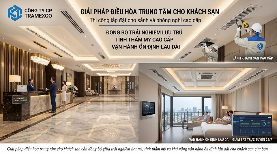 Giải pháp điều hòa trung tâm cho khách sạn cao cấp với sảnh đón tiếp và khu phòng nghỉ sang trọng