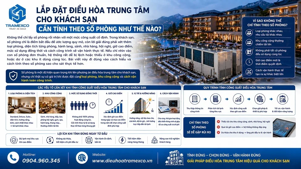 Lắp đặt điều hòa trung tâm cho khách sạn cần tính theo số phòng và các khu chức năng
