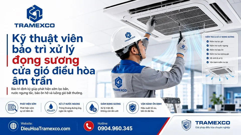 Kỹ thuật viên bảo trì xử lý đọng sương cửa gió điều hòa âm trần