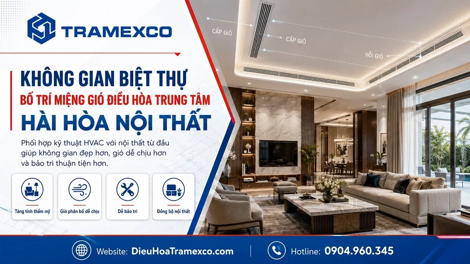 Không gian biệt thự bố trí miệng gió điều hòa trung tâm hài hòa nội thất