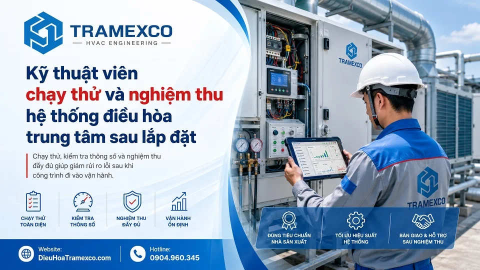 Kỹ thuật viên chạy thử và nghiệm thu hệ thống điều hòa trung tâm sau lắp đặt