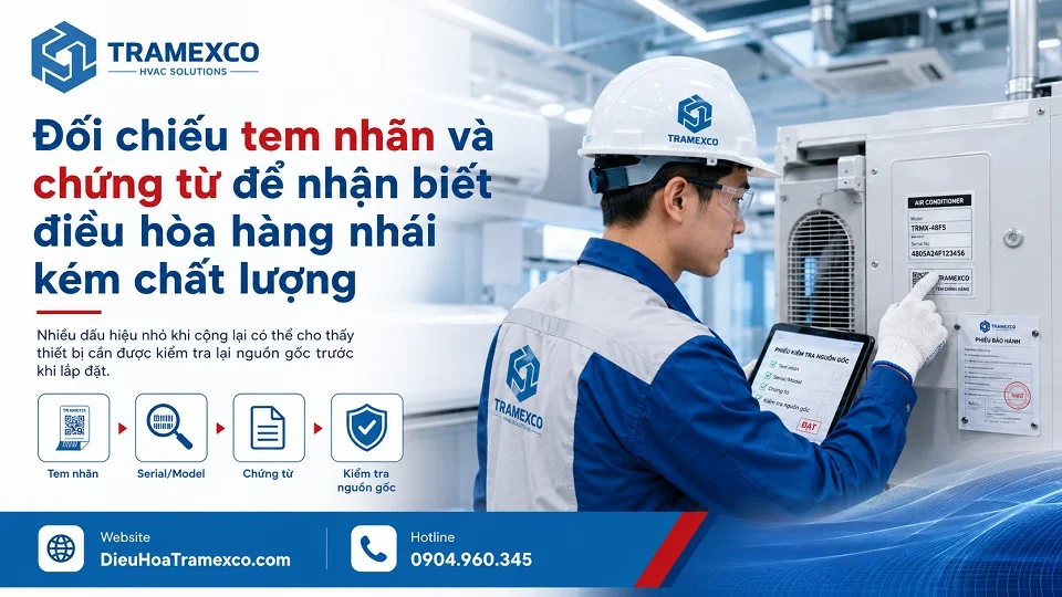 Đối chiếu tem nhãn và chứng từ để nhận biết điều hòa hàng nhái kém chất lượng