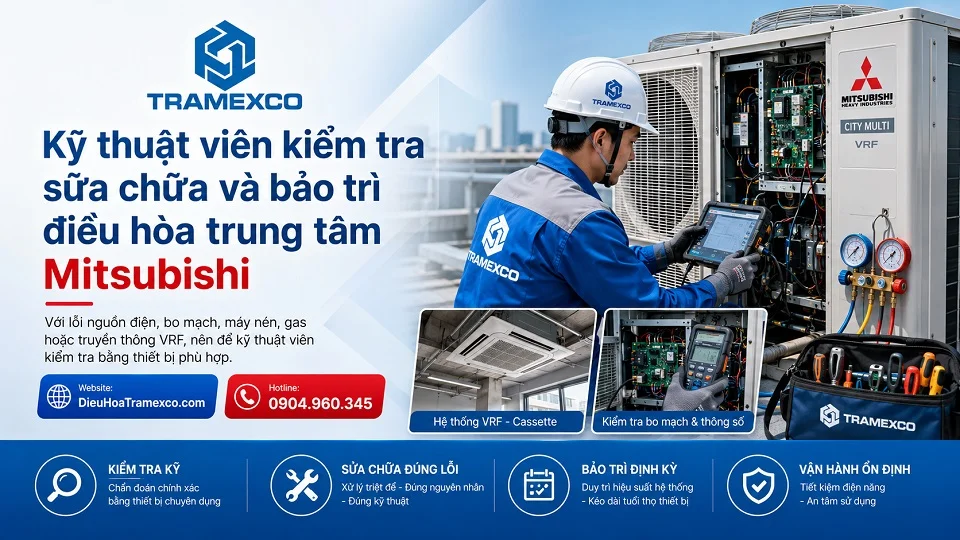 Kỹ thuật viên kiểm tra sửa chữa và bảo trì điều hòa trung tâm Mitsubishi