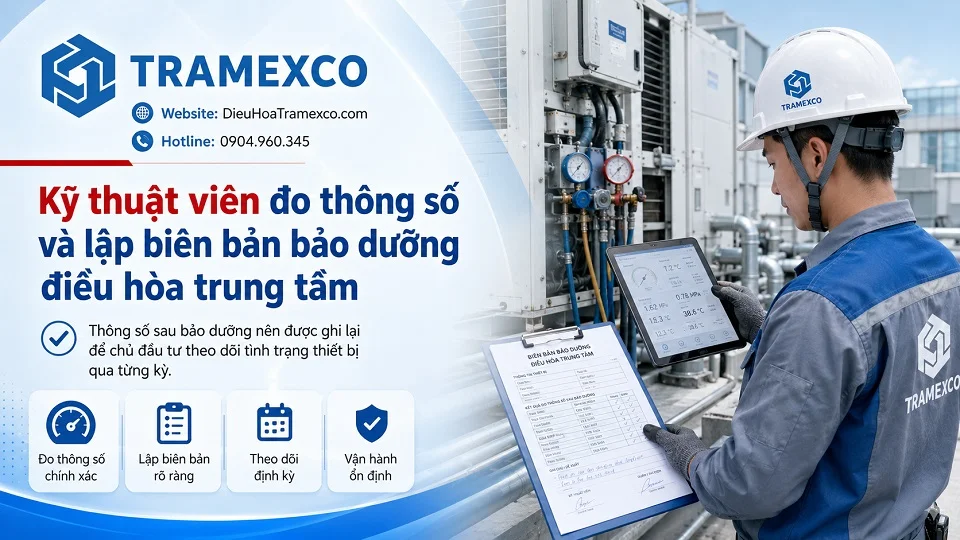 Kỹ thuật viên đo thông số và lập biên bản bảo dưỡng điều hòa trung tâm