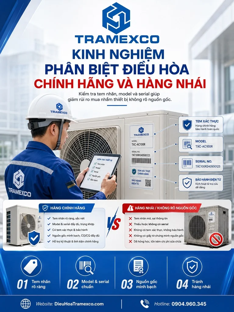 Kỹ thuật viên kiểm tra tem nhãn và serial điều hòa chính hãng trước khi lắp đặt