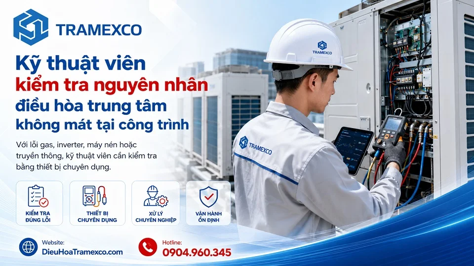Kỹ thuật viên kiểm tra nguyên nhân điều hòa trung tâm không mát tại công trình