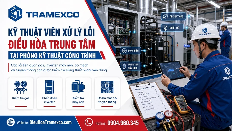 Kỹ thuật viên xử lý lỗi điều hòa trung tâm tại phòng kỹ thuật công trình