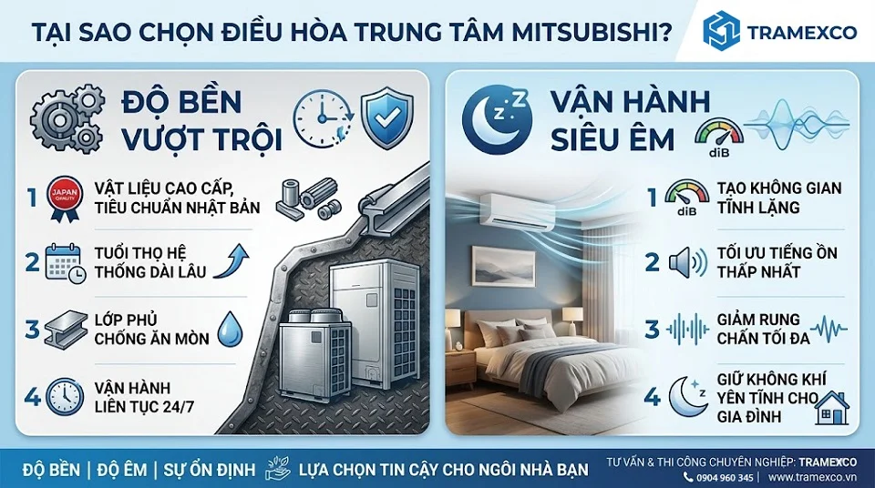 Điểm mạnh của điều hòa trung tâm Mitsubishi về độ bền và độ êm