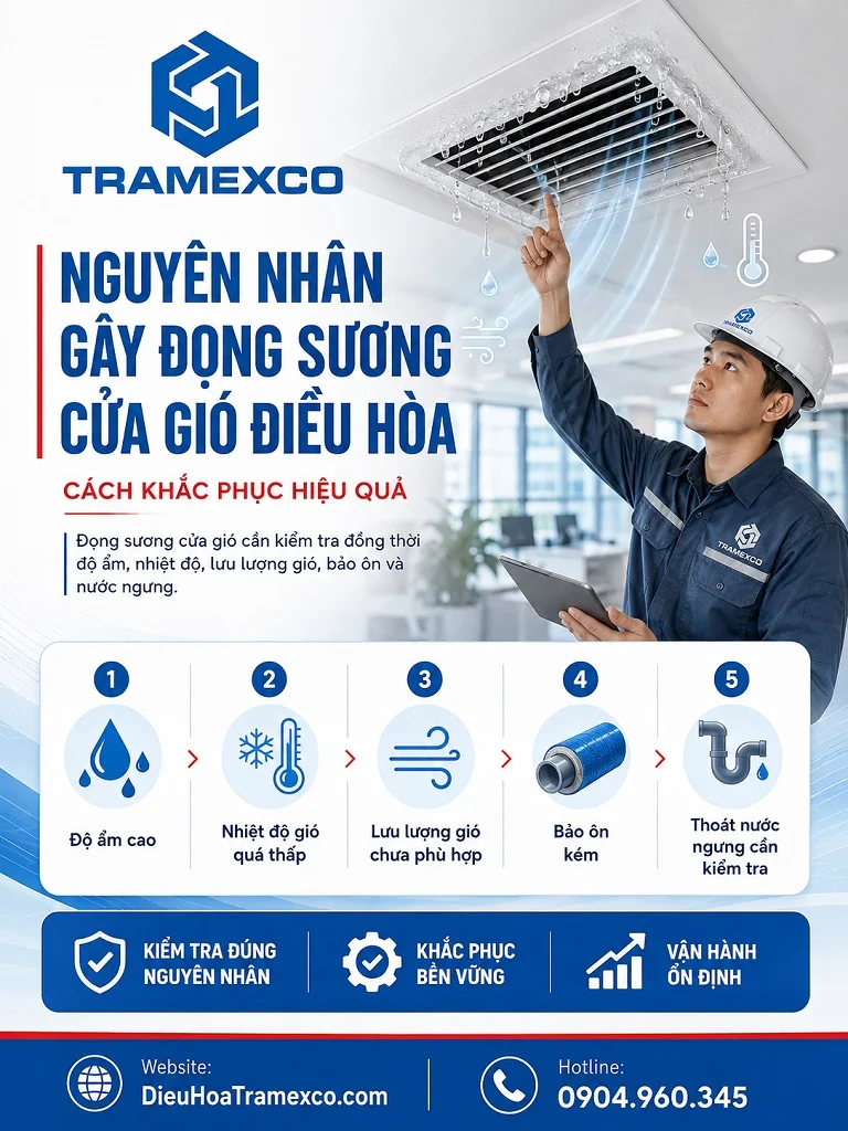 Kỹ thuật viên kiểm tra cửa gió điều hòa âm trần bị đọng sương