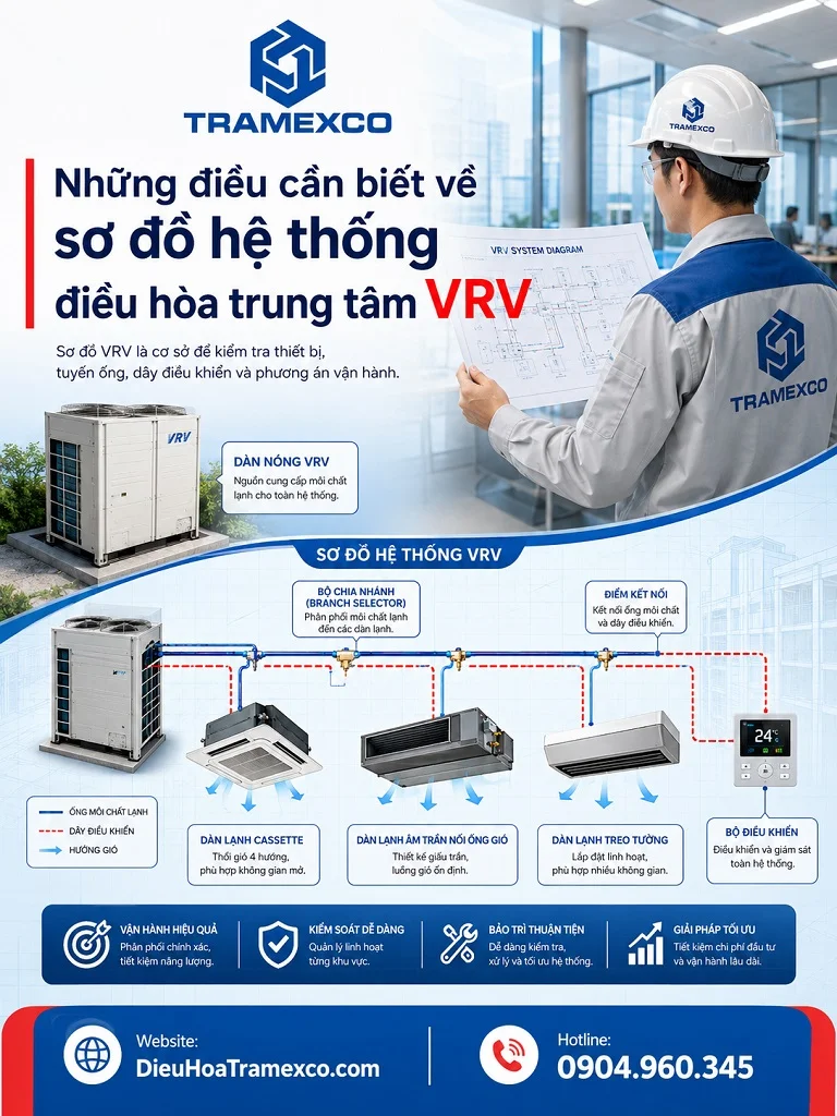 Kỹ sư xem sơ đồ hệ thống điều hòa trung tâm VRV trên bản vẽ công trình