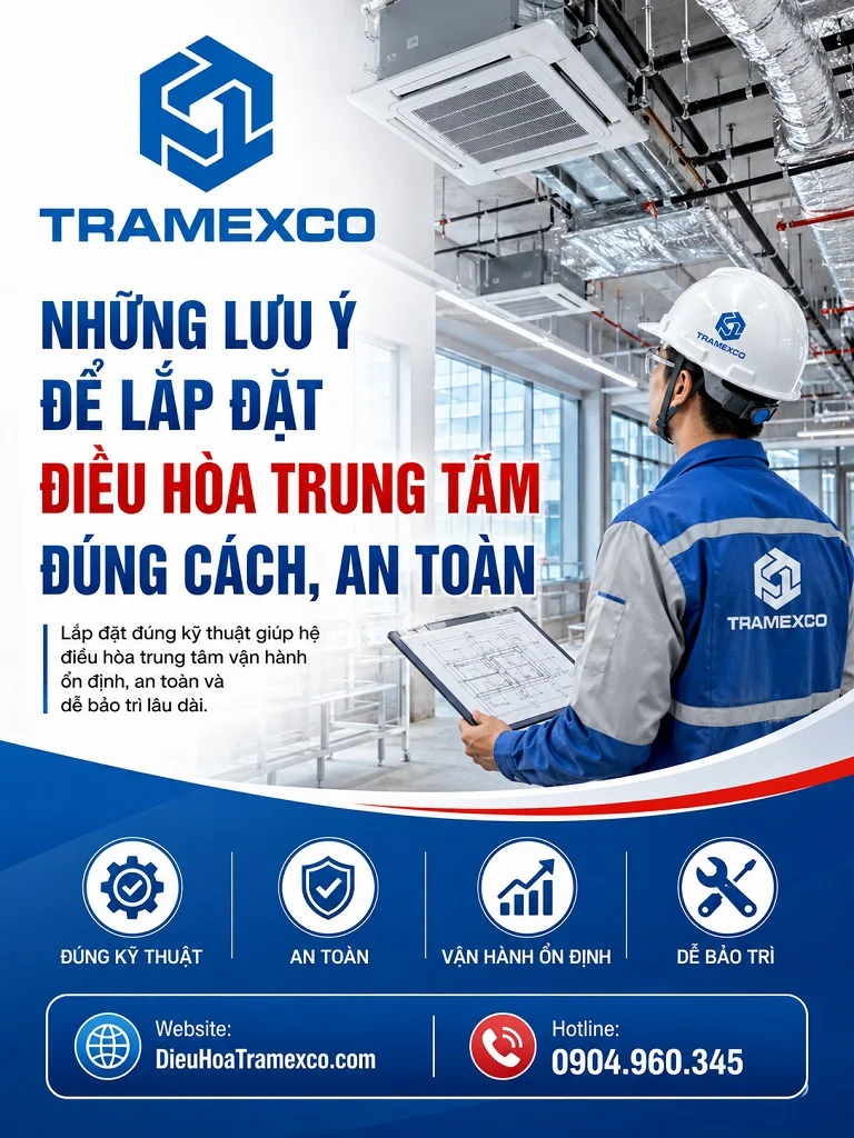 Kỹ thuật viên lắp đặt hệ thống điều hòa trung tâm đúng kỹ thuật tại công trình