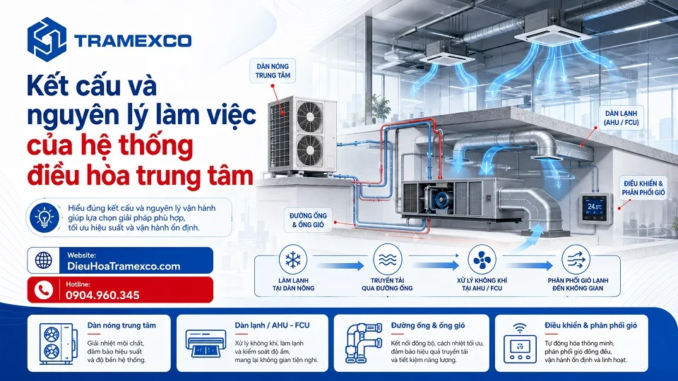 Sơ đồ hoạt động hệ thống điều hòa trung tâm VRV VRF và Chiller AHU FCU