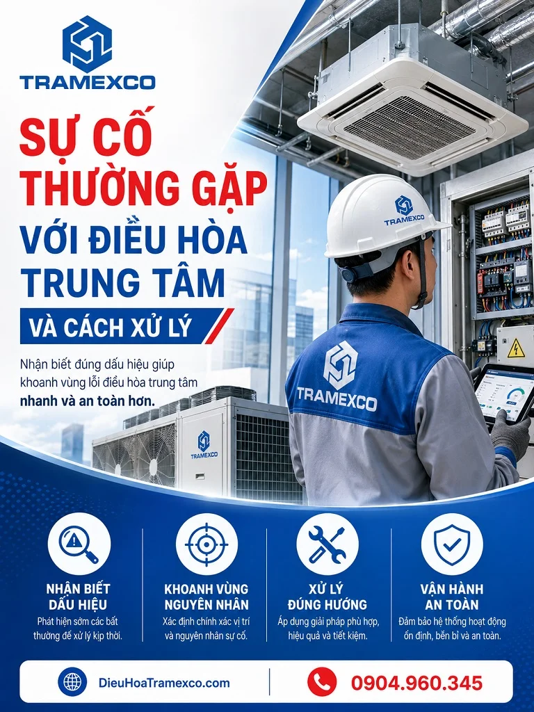 Kỹ thuật viên kiểm tra lỗi hệ thống điều hòa trung tâm tại công trình