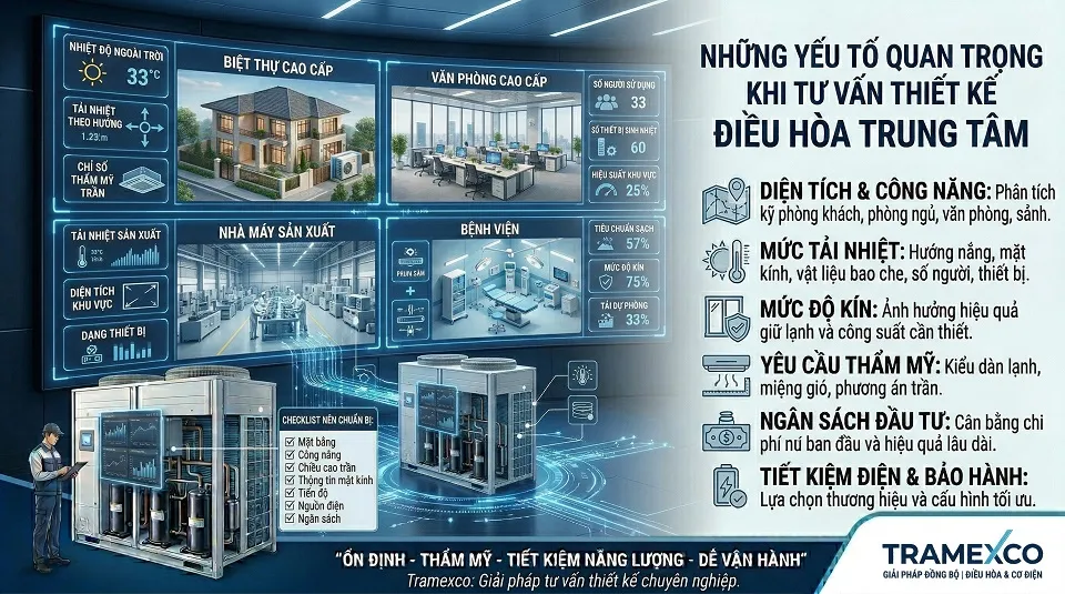 Các yếu tố quan trọng khi tư vấn thiết kế điều hòa trung tâm như diện tích, tải nhiệt, công năng và yêu cầu thẩm mỹ