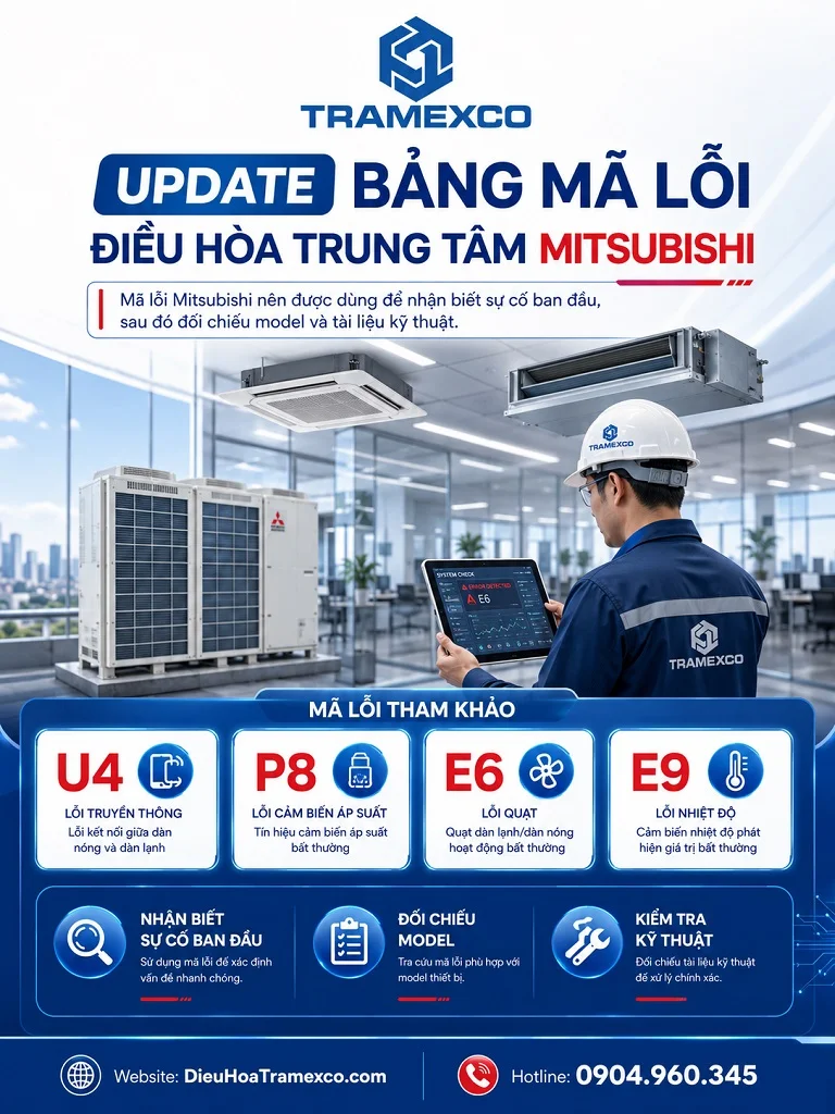 Kỹ thuật viên kiểm tra mã lỗi điều hòa trung tâm Mitsubishi