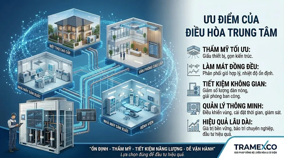 Ưu điểm của điều hòa trung tâm trong công trình hiện đại với khả năng làm mát đồng đều và tính thẩm mỹ cao