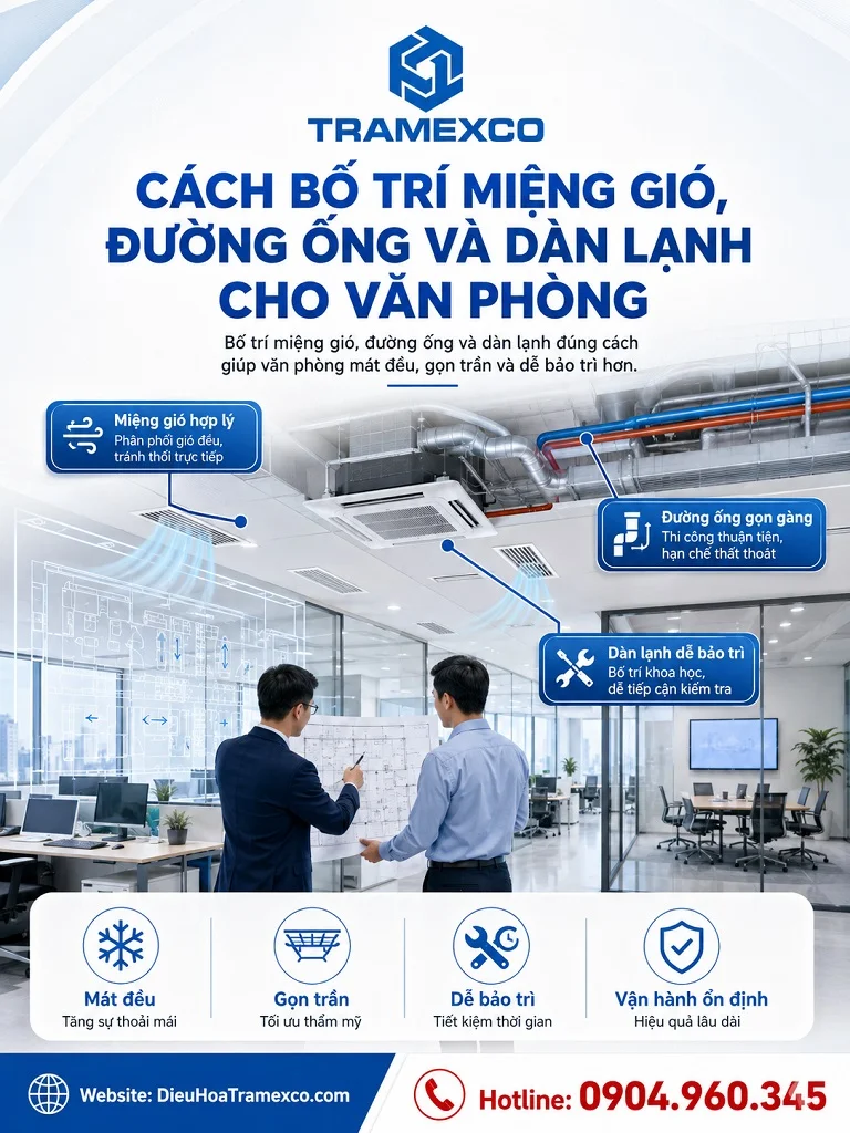 Bản vẽ bố trí miệng gió đường ống và dàn lạnh cho văn phòng