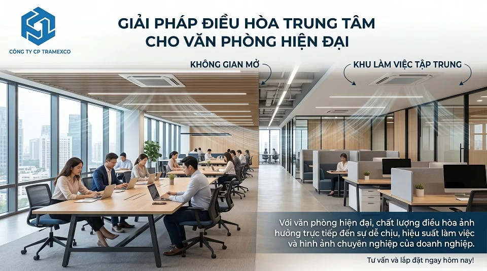 Giải pháp điều hòa trung tâm cho văn phòng hiện đại với không gian mở và khu làm việc tập trung