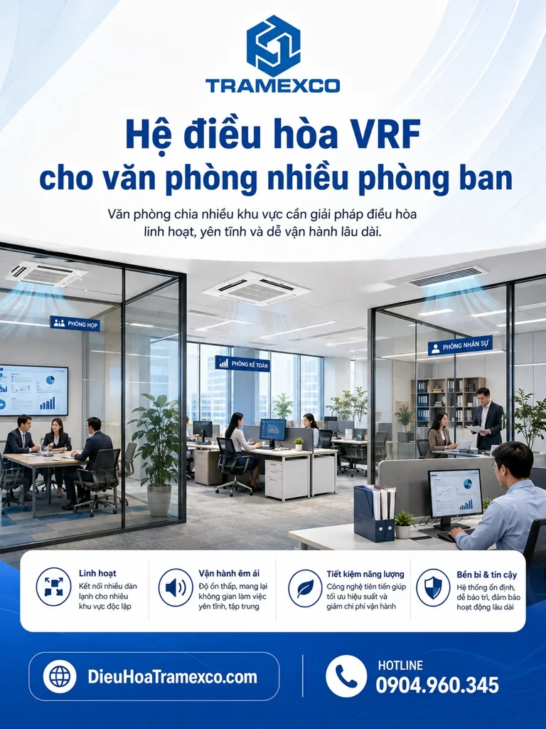 Không gian văn phòng nhiều phòng ban sử dụng hệ điều hòa VRF