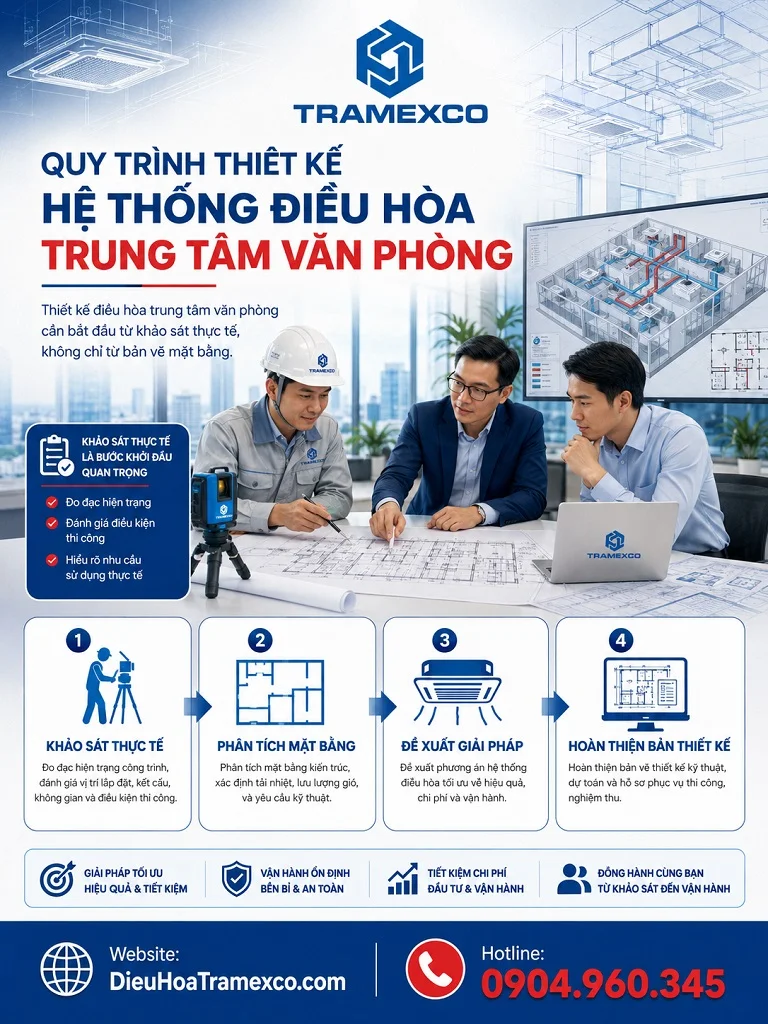 Kỹ sư thực hiện quy trình thiết kế hệ thống điều hòa trung tâm văn phòng