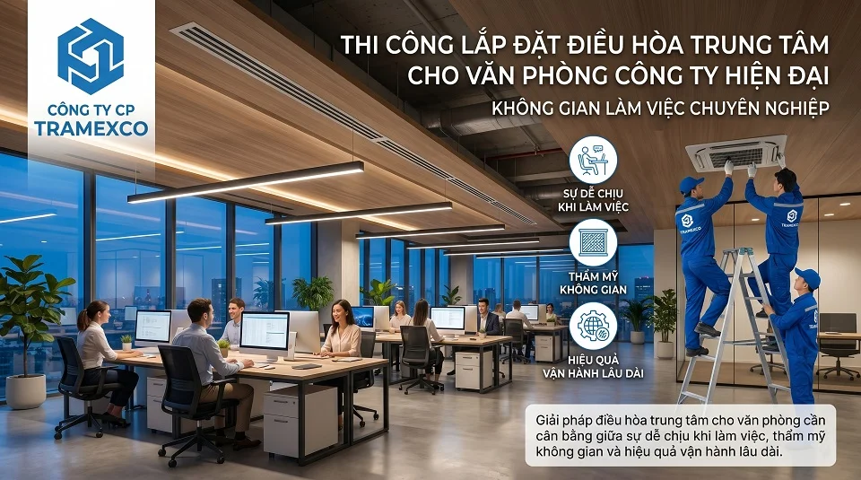 Thi công lắp đặt điều hòa trung tâm cho văn phòng công ty hiện đại với không gian làm việc chuyên nghiệp
