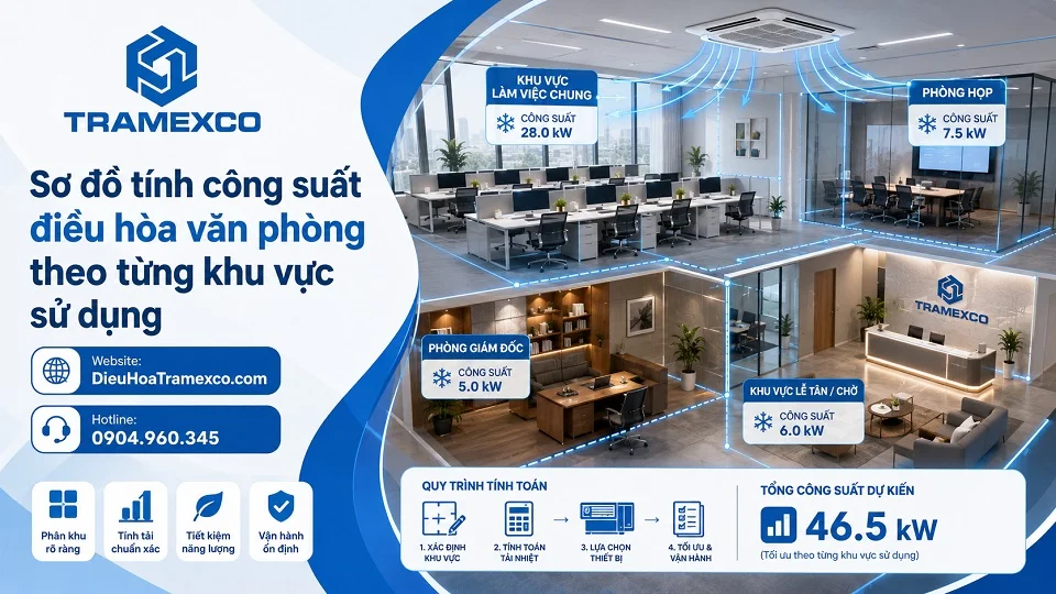 Sơ đồ tính công suất điều hòa văn phòng theo từng khu vực sử dụng